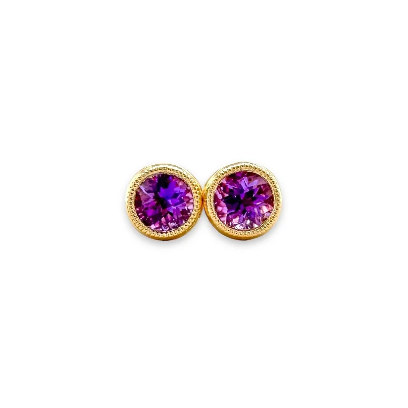 Luxury Drop Earrings for Weddings-14K Y Gold 0.48ctw 5mm Bezel Set Round Amethyst Earrings