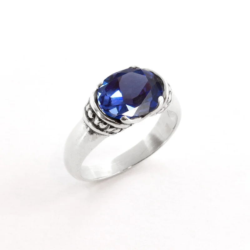 Classic Wedding Band Set-Tanzanite Boho Ring - Horizontal Oval Ring - Blue Tribal Ring