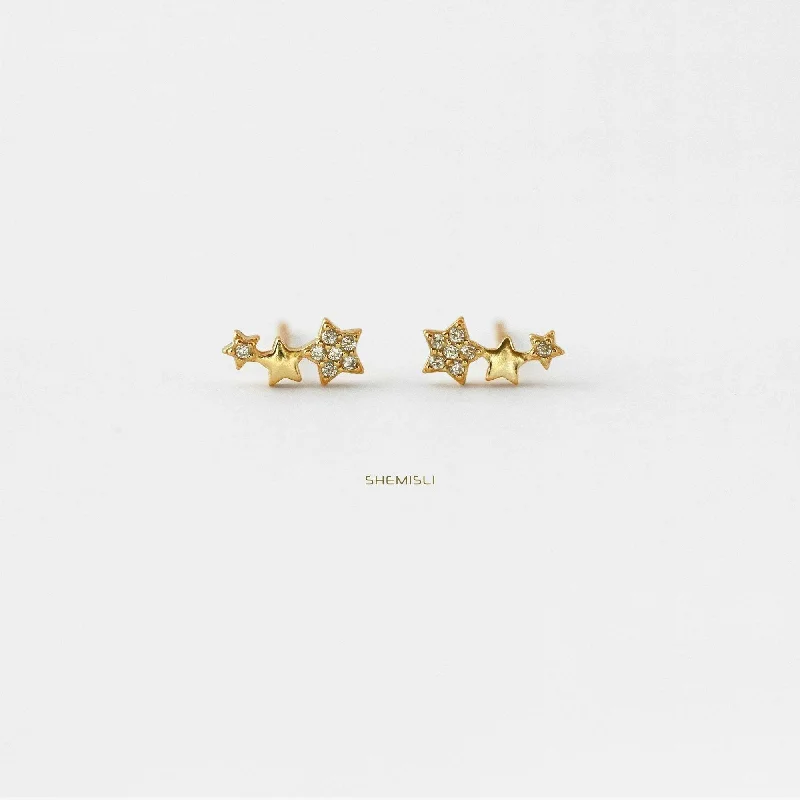 Cute Stud Earrings for Teenagers-Three Stars CZ Studs Earrings, Unisex, Gold, Silver - SS070 LR