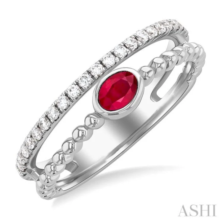 Classic Wedding Band Set-4x3 MM Oval Shape Ruby and 1/5 ctw Single Cut Diamonds Precious Fashion Split Twin Ring in 10K White Gold