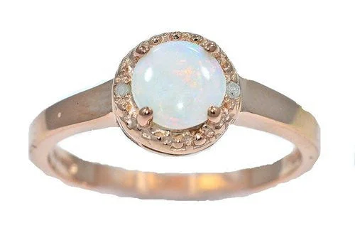 Gold Ring with Emerald-6mm Genuine Opal & Diamond Round Ring .925 Sterling Silver 14Kt Rose Gold Plated