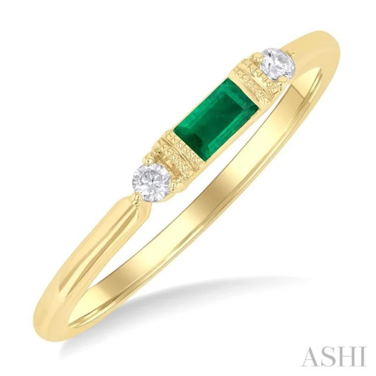 Simple Wedding Ring-4X2 MM Baguette Cut Emerald and 1/20 ctw Round Cut Diamond Precious Fashion Ring in 10K Yellow Gold