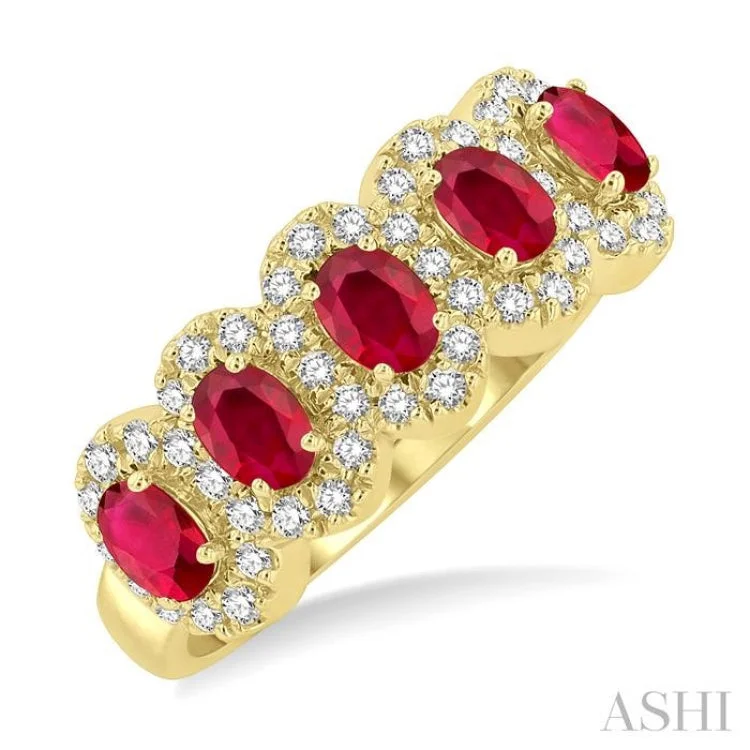 Solitaire Diamond Ring-4x3 MM Oval Cut Ruby and 1/3 ctw Round Cut Diamond Precious Wedding Band in 14K Yellow Gold