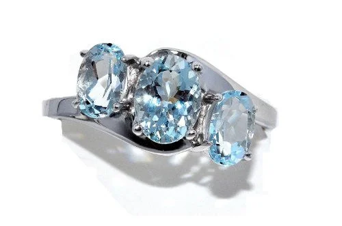 Stackable Engagement Rings-2 Ct Genuine Aquamarine Oval Ring .925 Sterling Silver Rhodium Finish