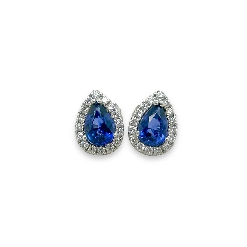 Customizable Earrings-14K W Gold 1.18ctw Sapphire and 0.19ctw Diamond Pear Shape Halo Earrings