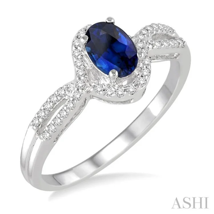 Dazzling Engagement Ring Set-6x4 MM Oval Cut Sapphire and 1/6 ctw Round Cut Diamond Ring in 14K White Gold