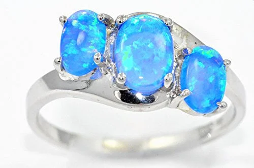 Gemstone Ring for Women-6mm Blue Opal Oval Ring .925 Sterling Silver Rhodium Finish