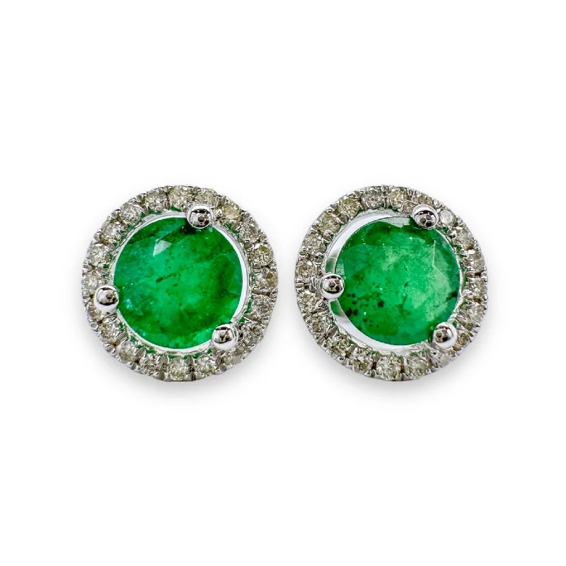 Gemstone Earrings for Brides-14K W Gold 0.16cttw Diamond and 1.20cttw Emerald Round Halo Earrings