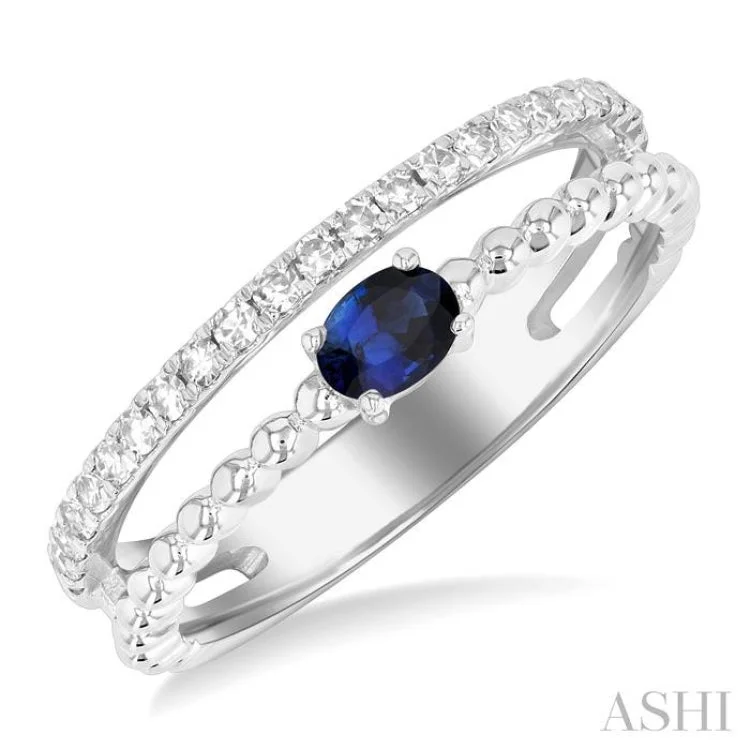 Gemstone Wedding Band-4x3 MM Oval Shape Sapphire and 1/5 ctw Single Cut Diamond Precious Split Twin Ring in 10K White Gold