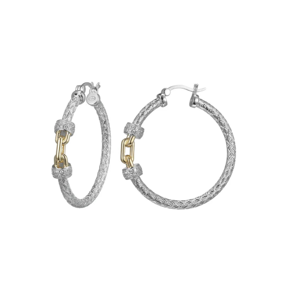 Sparkling Hoop Earrings-SS Two-Tone CZ Link Hoop Earrings