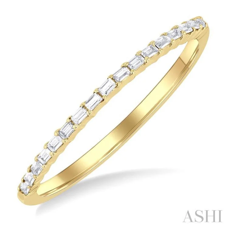 Men's Ring with Diamonds-1/10 ctw Straight Row Baguette Cut Diamond Stackable Fashion Band in 10K Yellow Gold