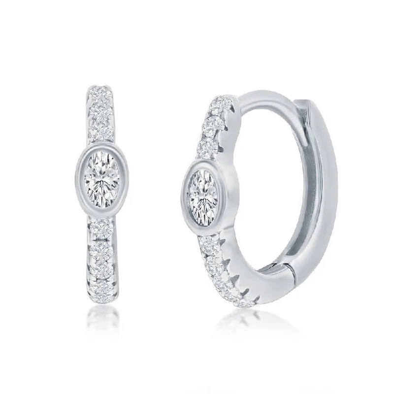 Wedding Earrings with Silver-SS 11MM Center Oval CZ Huggie Hoop Earrings