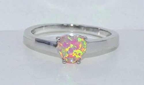 Vintage Diamond Engagement Ring-6mm Pink Opal Heart Ring .925 Sterling Silver Rhodium Finish