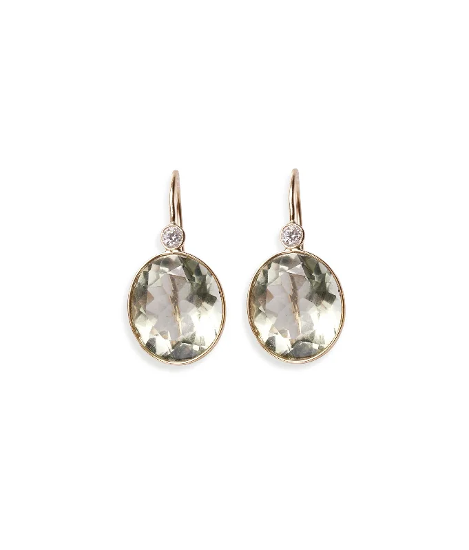 Pearl Drop Earrings-14k Gold Pool Earrings in Green Amethyst & Diamond