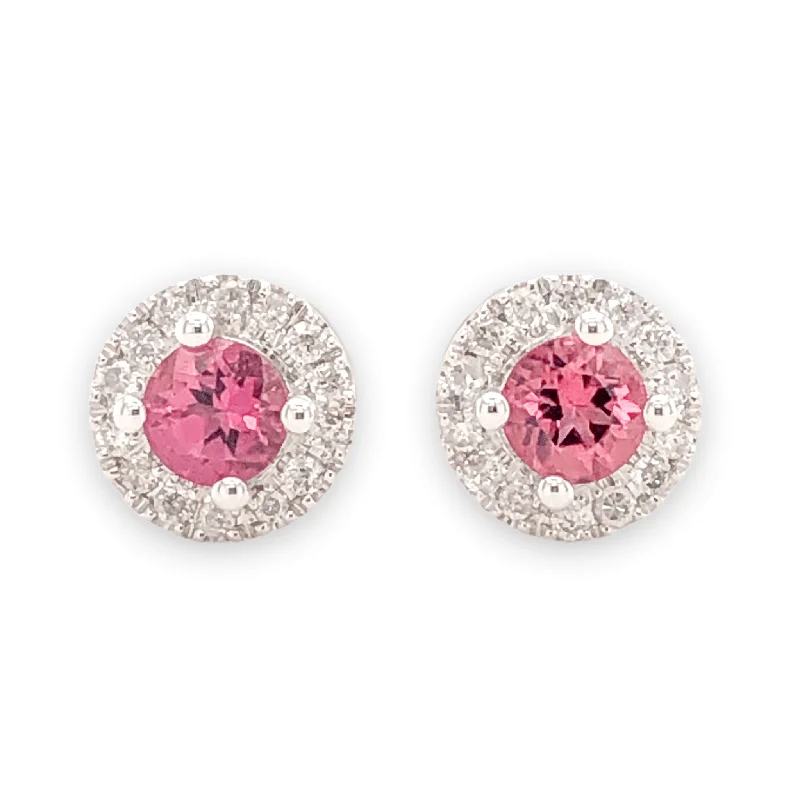 Stud Earrings for Women-14K W Gold 0.10cttw Diamond 0.30cttw Pink Tourmaline Round Halo Earrings