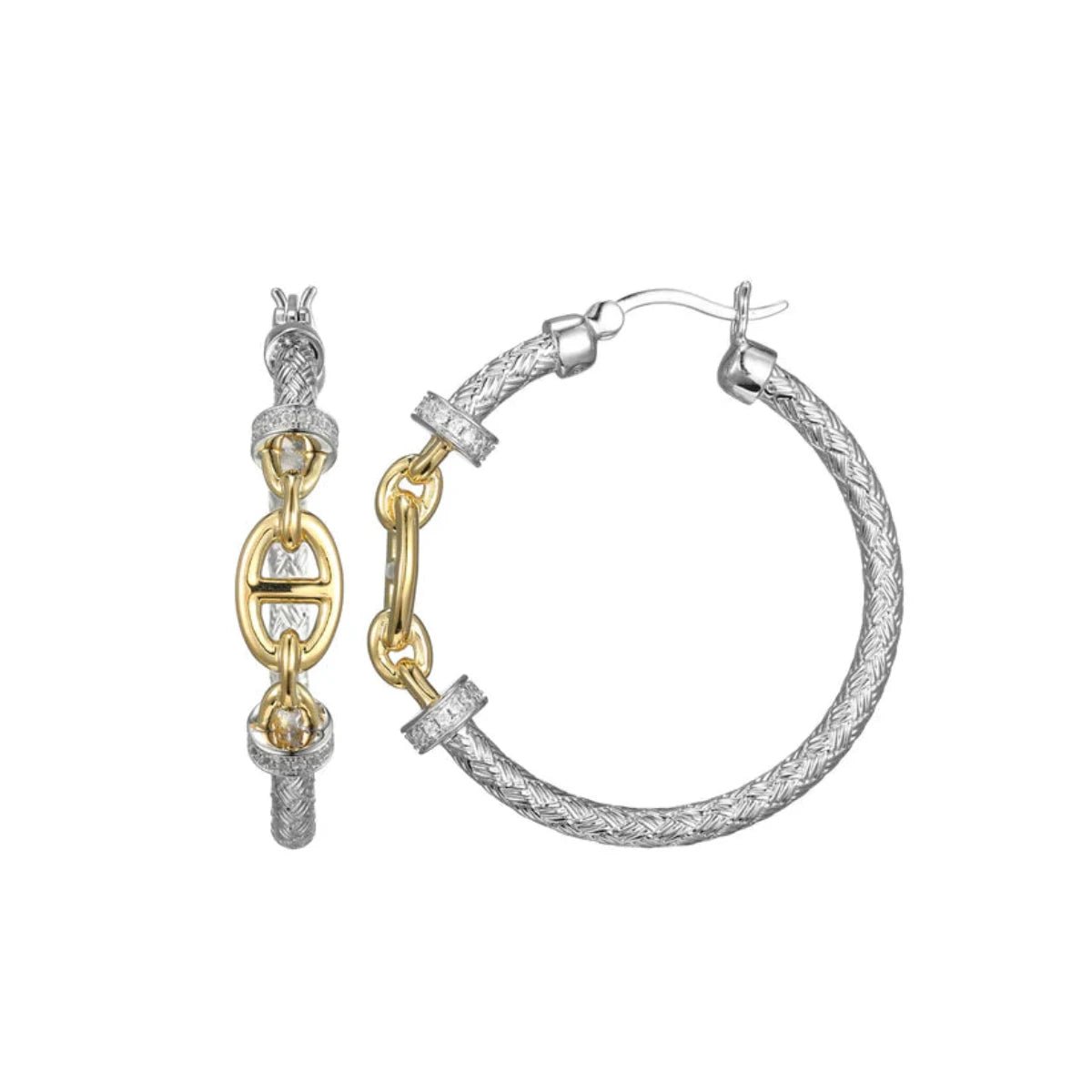 Elegant Stud Earrings-SS Two-Tone CZ Mesh and Mariner Link Hoop Earrings