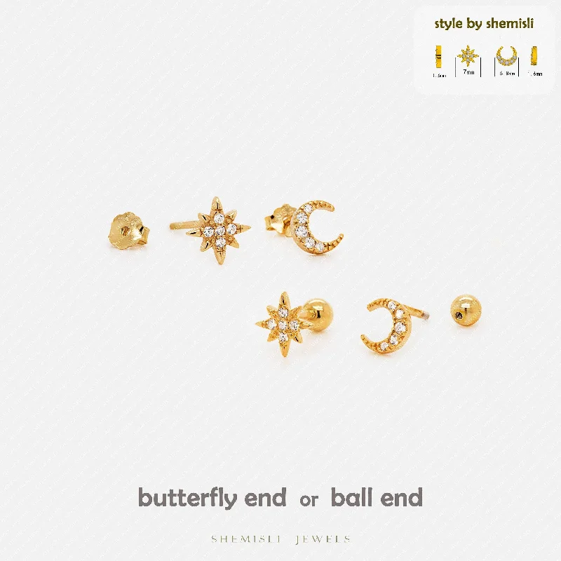 Silver Earrings for Bridesmaids-Moon and Star Earrings, Mismatched Celestial Studs, Unisex, Gold, Silver SS035+SS036 Butterfly End, SS351+SS352 Screw Ball End (Type A)