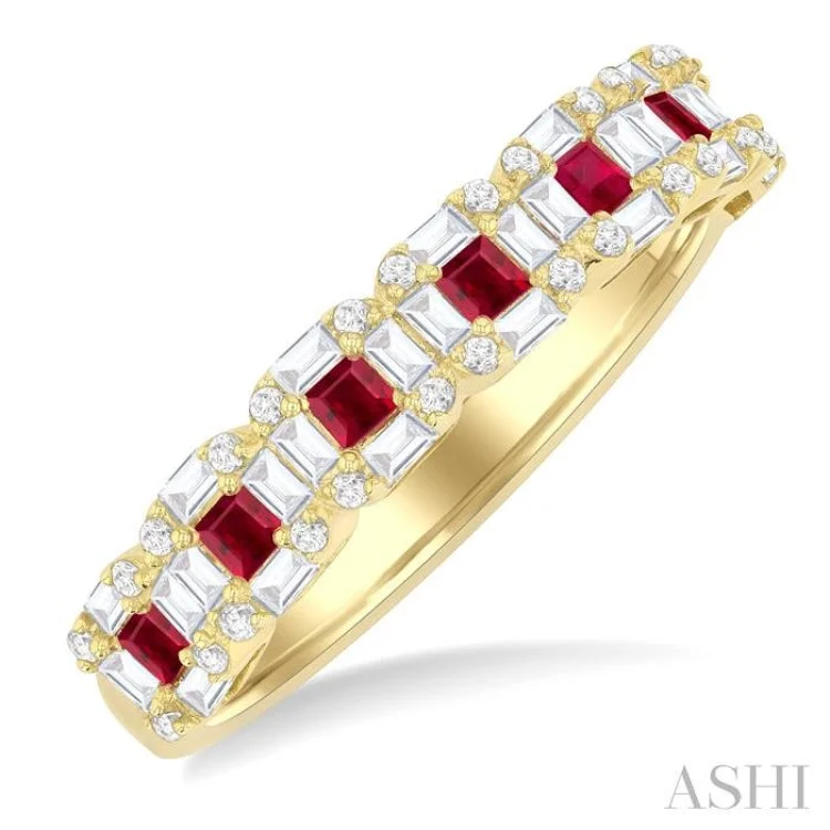 Diamond Wedding Ring Set-1/2 ctw Princess Cut 1.75MM Ruby, Baguette & Round Cut Diamond Precious Ring in 14K Yellow Gold