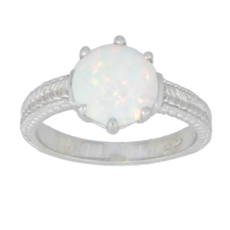 Heart Shaped Engagement Ring-Opal Round Ring .925 Sterling Silver Rhodium Finish