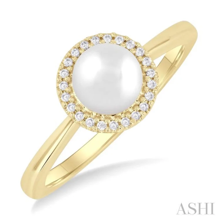 Custom Initial Ring-1/20 Ctw Petite 6 MM Cultured Pearl and Round Cut Diamond Halo Fashion Ring in 10K Yellow Gold