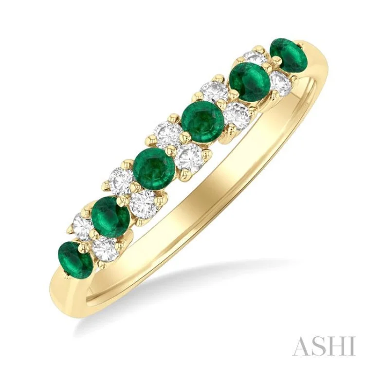 Silver Ring with Sapphire-2.3 MM Emerald and 1/5 ctw Round Cut Diamond Precious Band in 14K Yellow Gold