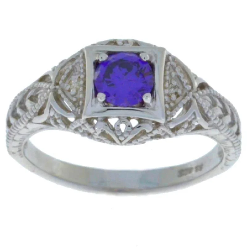 Sparkling Engagement Ring-0.50 Ct Amethyst & Diamond Round Ring .925 Sterling Silver