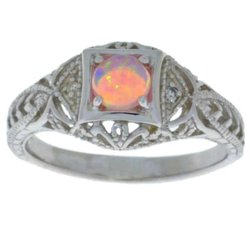 Custom Diamond Wedding Ring-Pink Opal & Diamond Round Ring .925 Sterling Silver