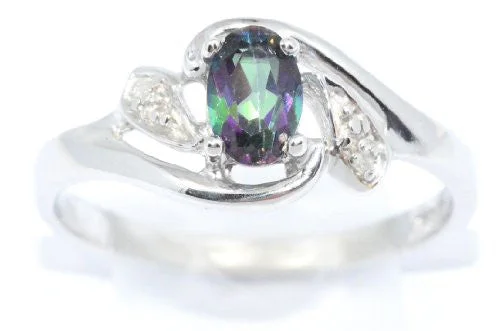 Classic Silver Wedding Ring-0.50 Ct Mystic Topaz & Diamond Oval Ring .925 Sterling Silver Rhodium Finish