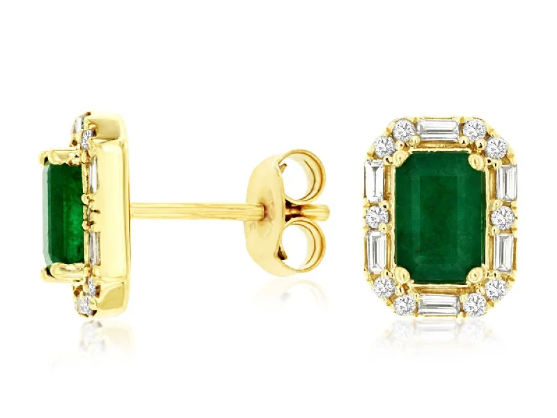 Elegant Gemstone Stud Earrings-14K Y Gold 0.27cttw Diamond and 1.10cttw Emerald Halo Earrings