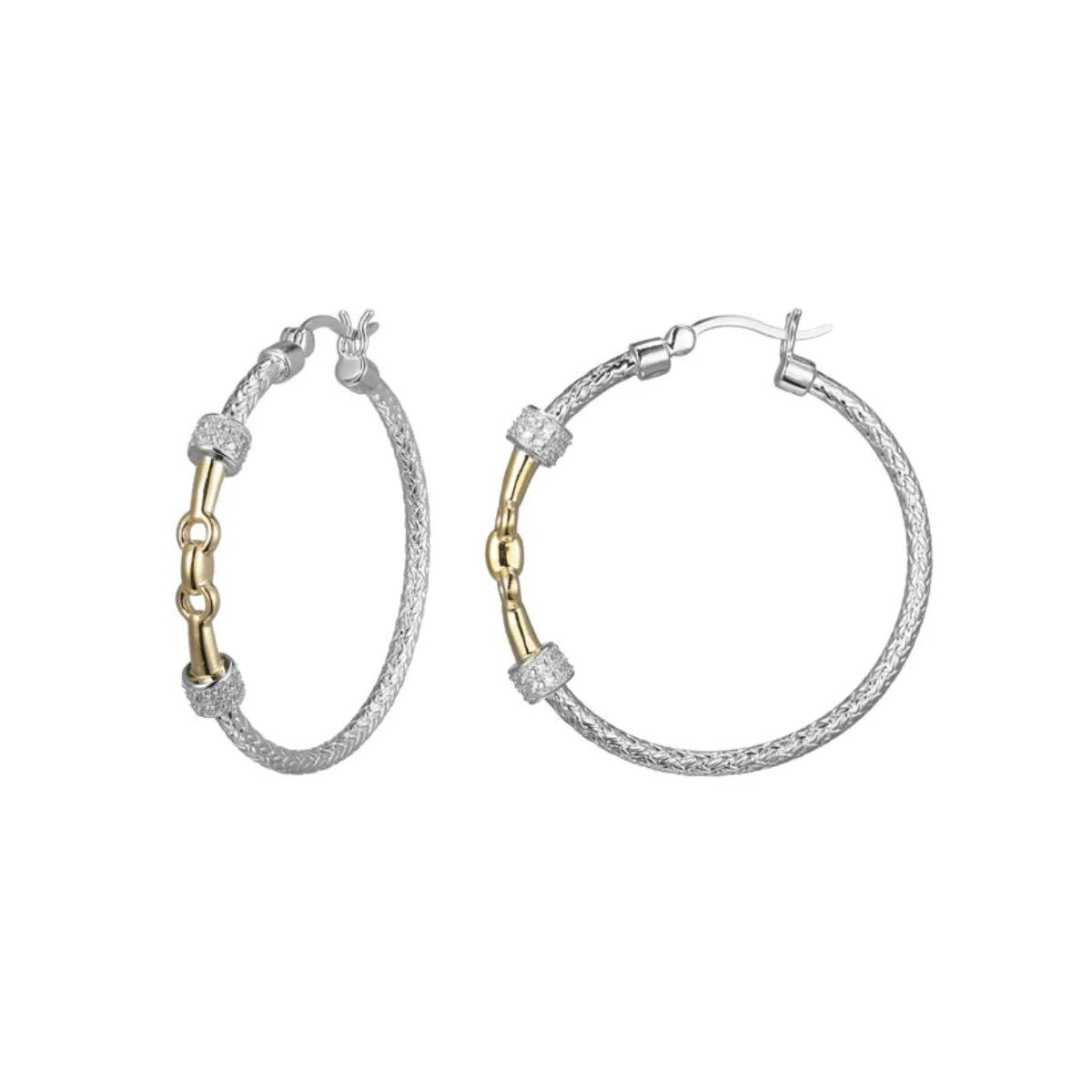 Gemstone Hoop Earrings-SS Two-Tone CZ 35mm Mesh Link Hoop Earrings