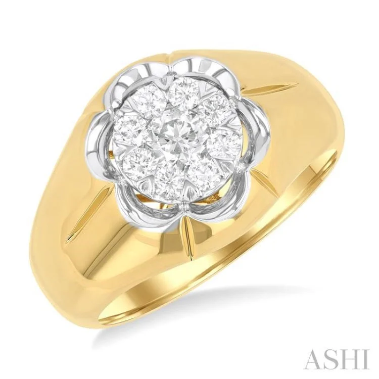 Men's Engagement Ring-3/4 ctw Floral Center Lovebright Round Cut Diamond Men's Ring in 10K Yellow and White Gold