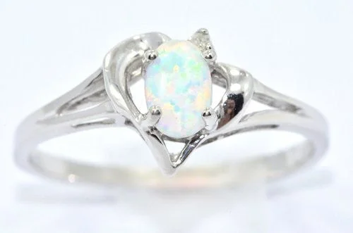 Elegant Gold Wedding Band-6x4mm Opal & Diamond Oval Heart Ring .925 Sterling Silver Rhodium Finish