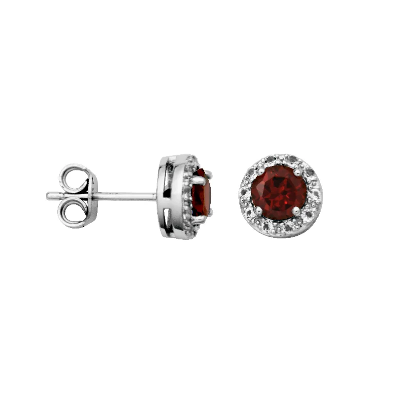 Round Diamond Earrings-Sterling Silver Garnet and White Topaz Earrings