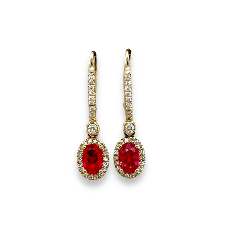 Elegant Stud Earrings-14K Y Gold 1.06ctw Rubies and 0.26 Diamond Drop Earrings