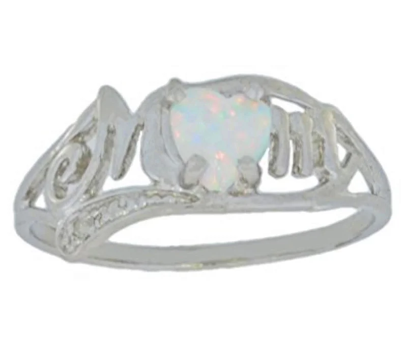 Birthstone Ring for Women-Opal & Diamond Heart Mom Ring .925 Sterling Silver