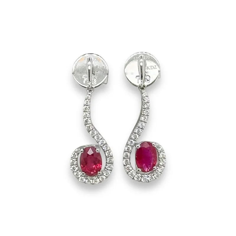 Vintage Earrings for Women-18K W Gold 1.01ctw Rubies 0.27ctw G/SI1 Drop Earrings