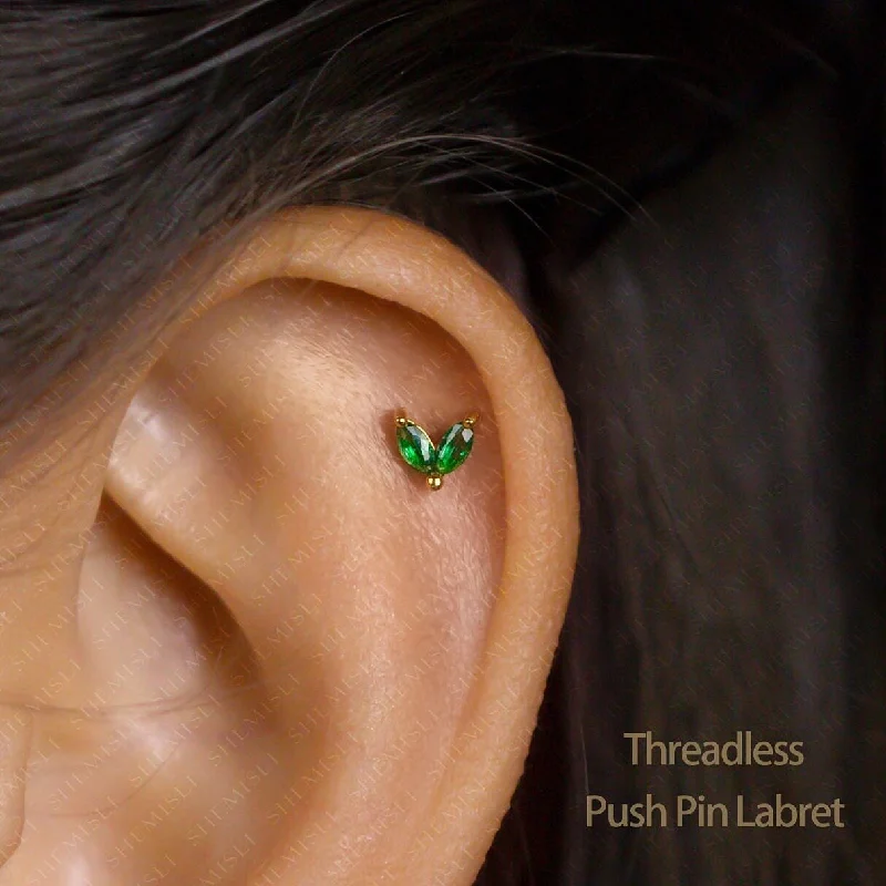 Custom Engraved Earrings-Tiny 2 Leaf Emerald Stone Threadless Flat Back Earrings, 20,18,16ga, 5-10mm, Unisex, Surgical Steel, SHEMISLI SS548