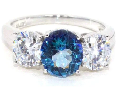 Silver Wedding Band with Diamonds-4 Ct Blue Mystic Topaz & Zirconia Round Ring .925 Sterling Silver Rhodium Finish