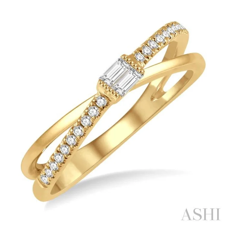 Classic Wedding Ring for Couples-1/6 ctw Criss-Cross Baguette and Round Cut Diamond Fashion Ring in 14K Yellow Gold