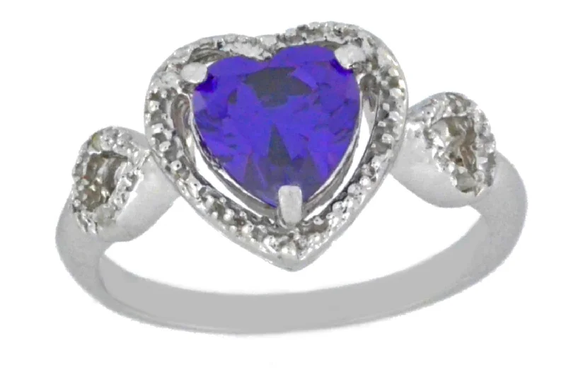 Large Engagement Ring-1.5 Ct Amethyst & Diamond Heart Ring .925 Sterling Silver Rhodium Finish