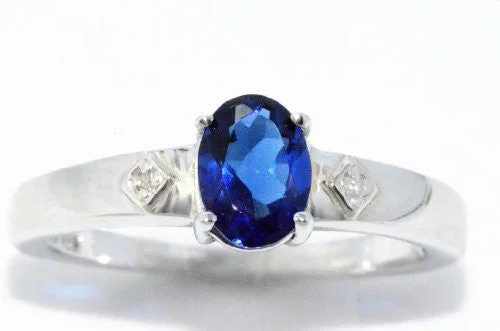 Classic Ring for Women-1 Ct Created Blue Sapphire & Diamond Oval Ring .925 Sterling Silver Rhodium Finish