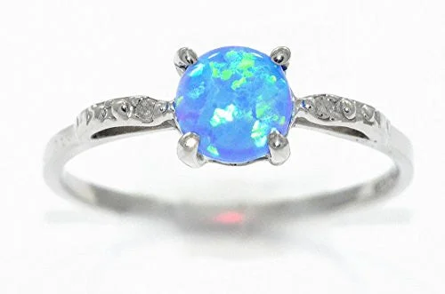 Unique Promise Ring-6mm Blue Opal & Diamond Round Ring .925 Sterling Silver Rhodium Finish