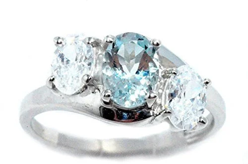 Custom Sapphire Wedding Ring-2 Ct Genuine Aquamarine & Zirconia Oval Ring .925 Sterling Silver Rhodium Finish