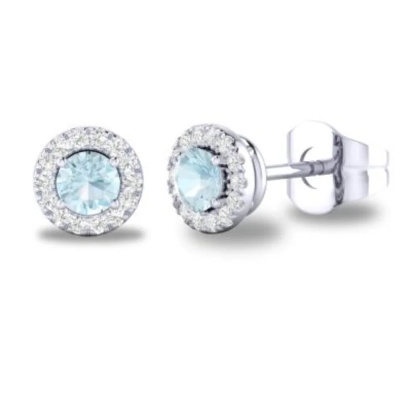 Statement Earrings for Weddings-14K W Gold 0.10cttw Diamond 0.30cttw Aquamarine Round Halo Earrings