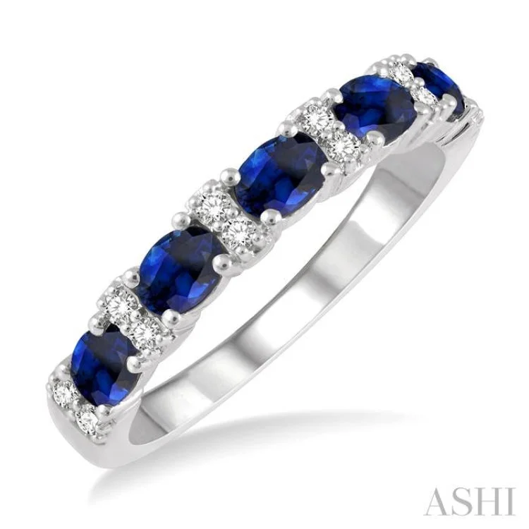 Custom Wedding Band with Diamonds-4x3 MM Oval Shape Sapphire and 1/6 ctw Round Cut Diamond Precious Band in 14K White Gold