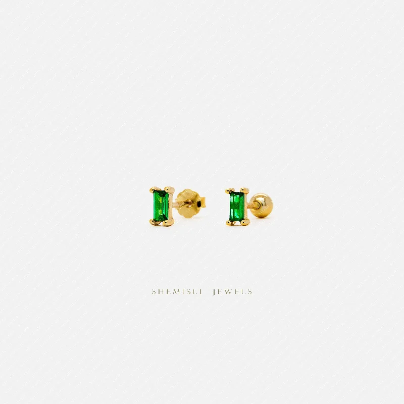 Classic Gold Earrings-Tiny Emerald Baguette Stud Earrings, Unisex, Gold, Silver SHEMISLI SS023 Butterfly End, SS455 Screw Ball End (Type A)