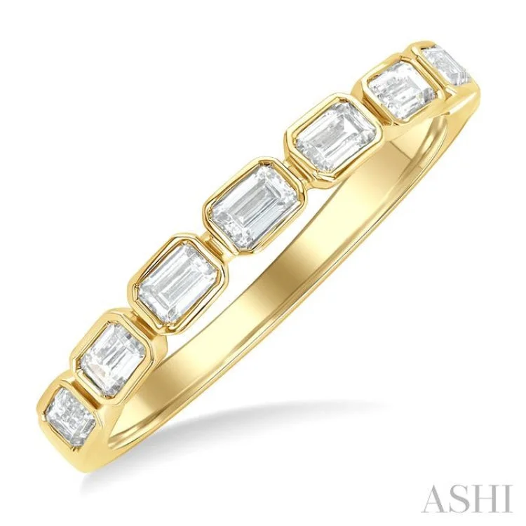 Trendy Wedding Rings-3/4 ctw East-West Emerald Cut Bezel Diamond Fashion Band in 14K Yellow Gold