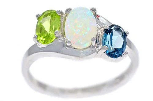 Diamond Anniversary Ring-Genuine Opal Peridot & London Blue Topaz Oval Ring .925 Sterling Silver Rhodium Finish