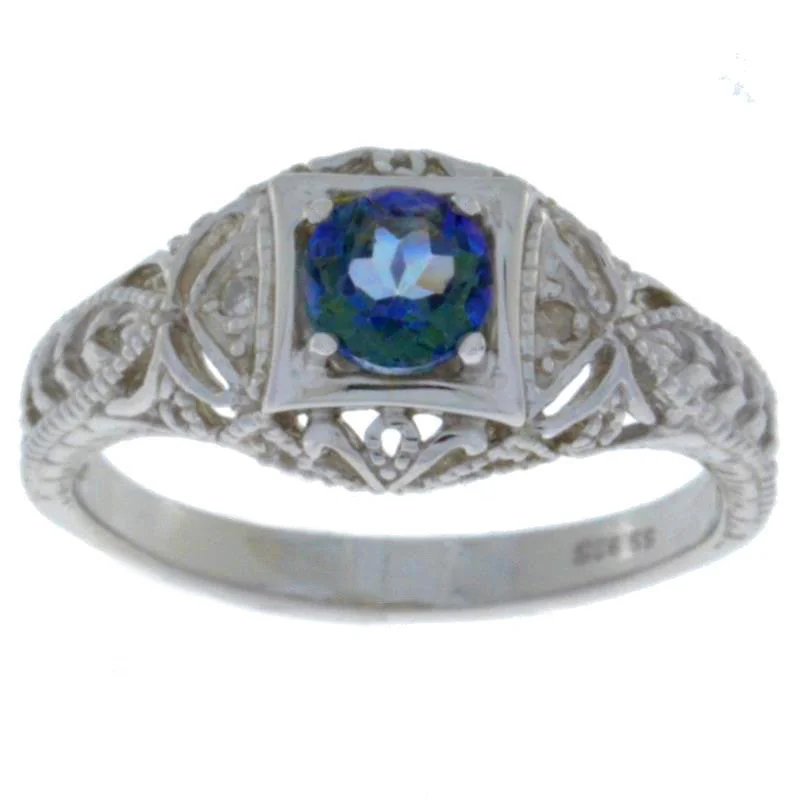 Custom Initial Ring-0.50 Ct Blue Mystic Topaz & Diamond Round Ring .925 Sterling Silver