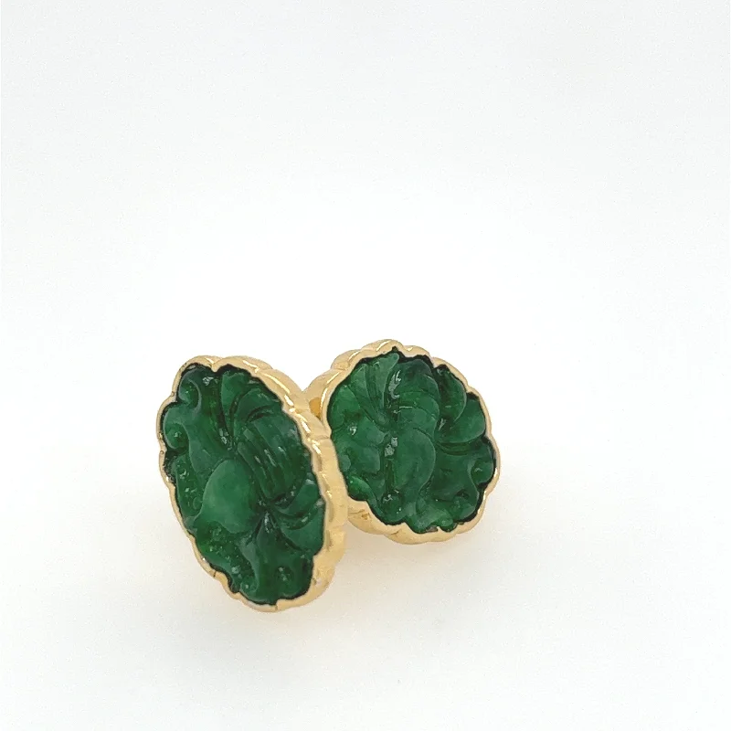 Small Stud Earrings for Women-18K Yellow Gold Jade Hand Carved Earrings